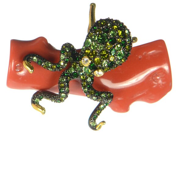 Vintage Kenneth Jay Lane KJL Crystal Octopus Coral Pin Brooch - Picture 1 of 7